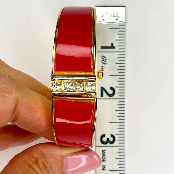Geneva Gold and Red Hinged Cuff Bangle Bracelet Watch - Picture 9 of 10
